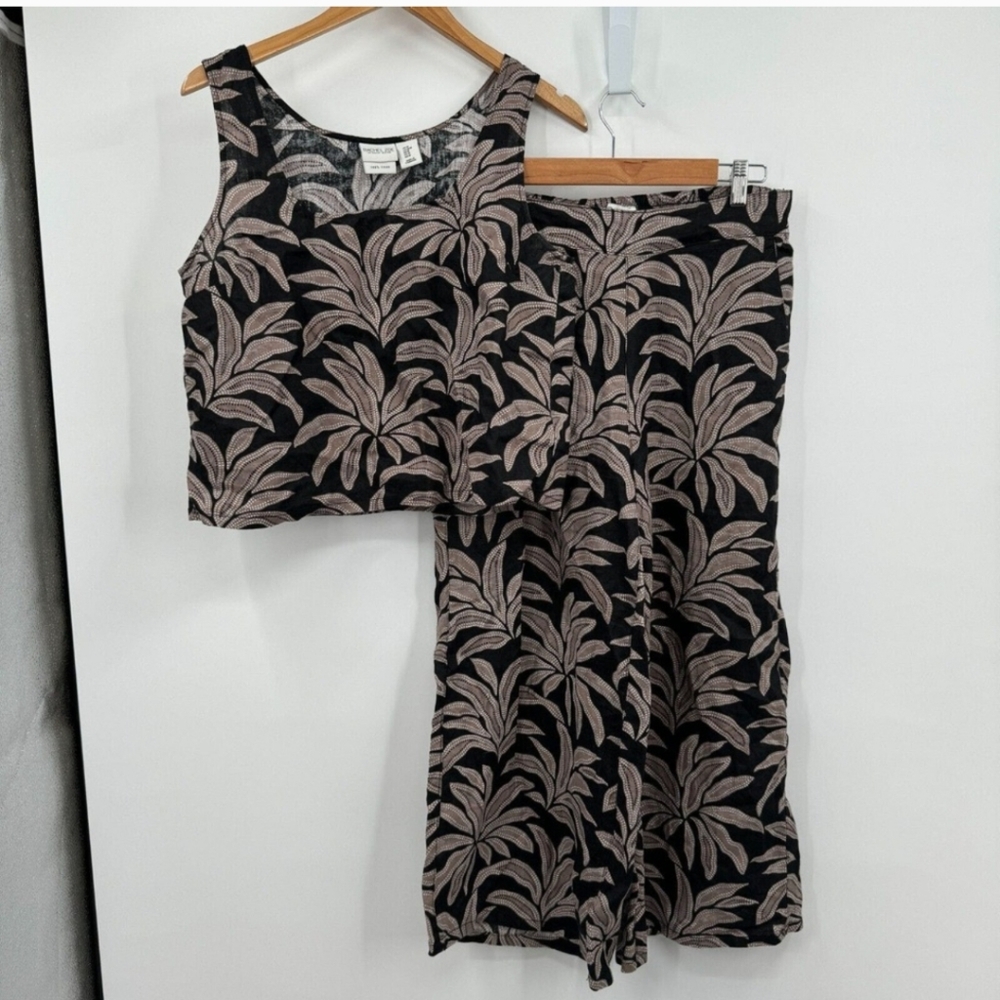 Rachel Zoe Linen M 2 Pc Set Wide Leg Elastic Band Cropped Tank Black Palm Leaf
